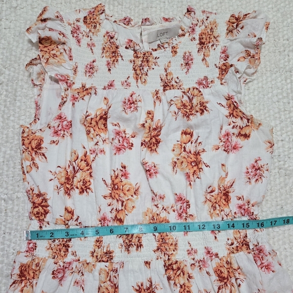 LOFT Floral Smocked Waist Tiered Dress Size Large White Orange Ruffle Cap Sleeve - Picture 13 of 14